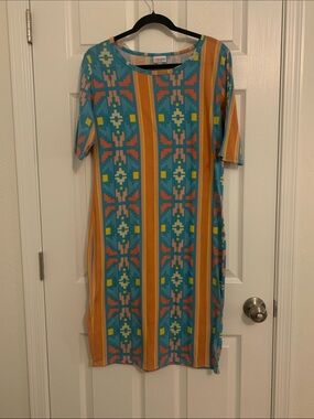 LuLaRoe Turquoise Dress with Orange and Yellow Stripes